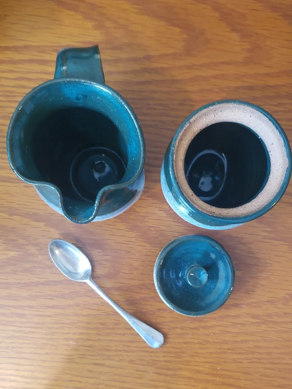 Vtg Handcrafted Stoneware Creamer and Sugar Jar With Spoon - Teal and Cream